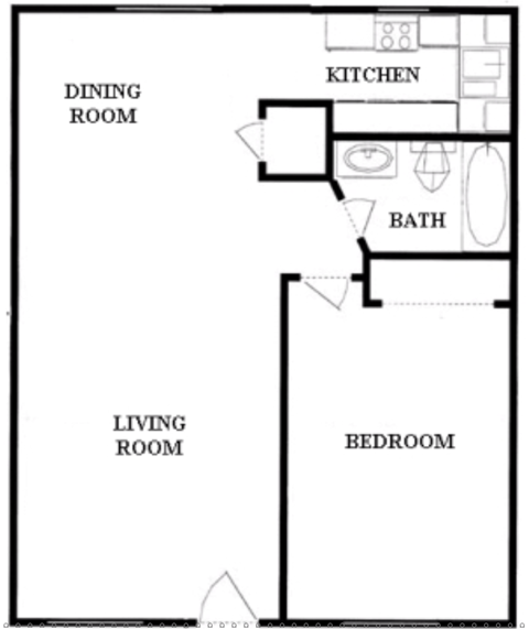 Floor plan for 1 bed, 1 bath, 630 sqft